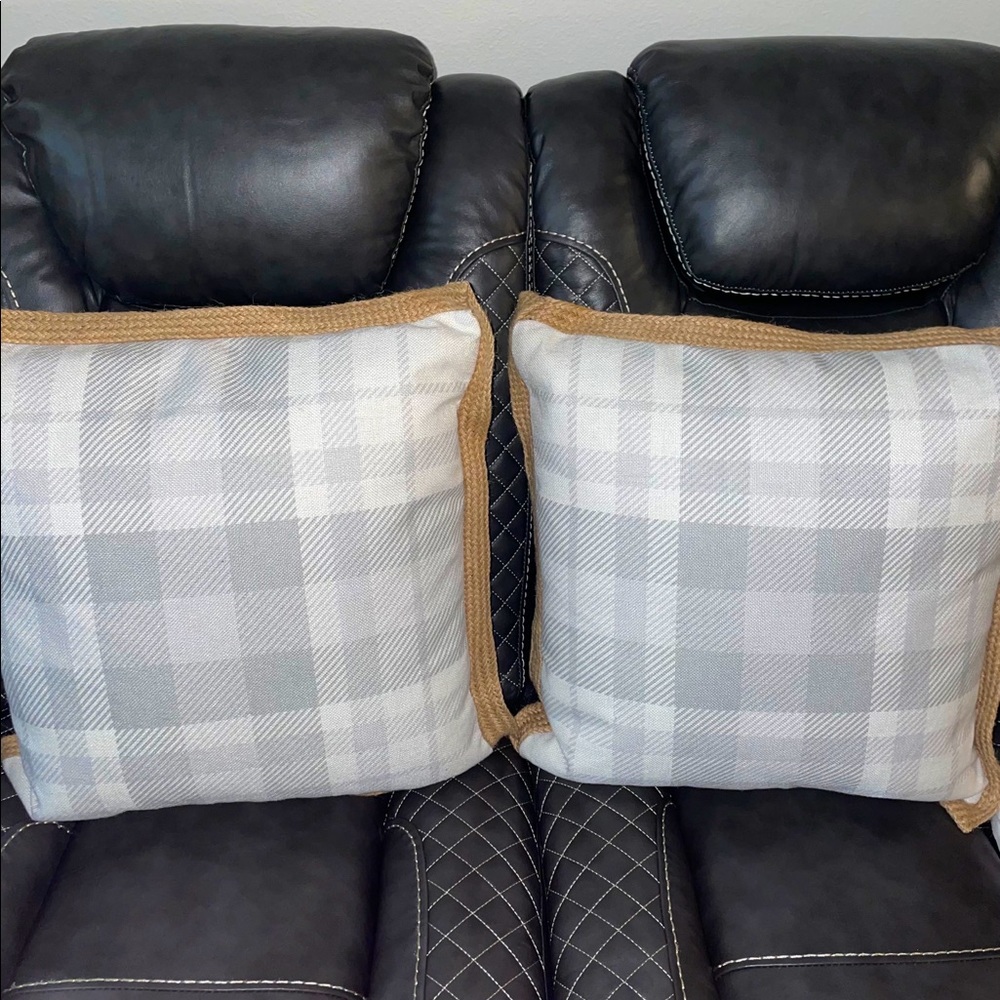 2 pillows gray plaid natural trim farmhouse